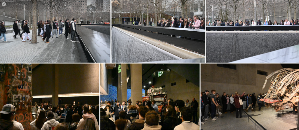 group of photos of students looking at water, fire trucks, and museum artifacts